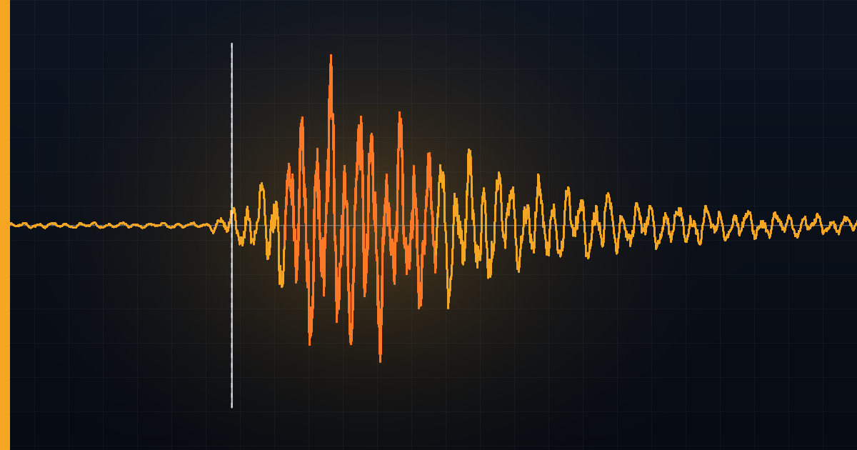 A seismograph trace running from quiet background noise into violent shaking and decaying back down