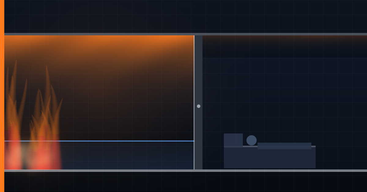 A room in section with hot smoke filling the space above a thin band of clear air at floor level, and a closed door keeping smoke out of the bedroom next door