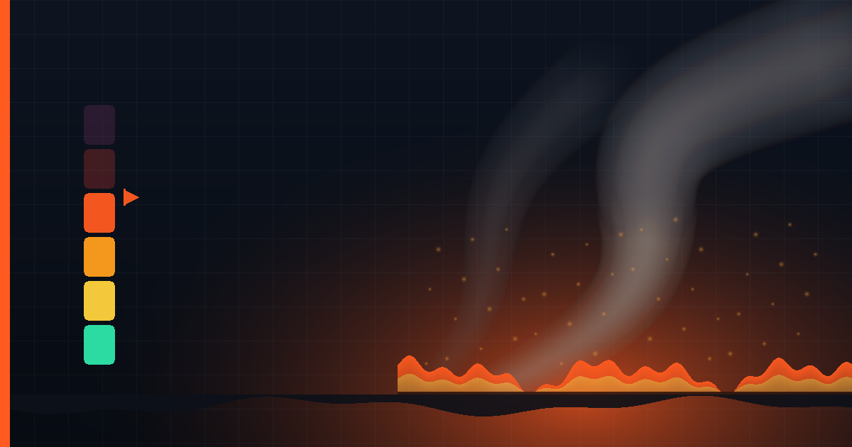 Wildfire on the horizon with smoke plumes and an air quality scale in the unhealthy range