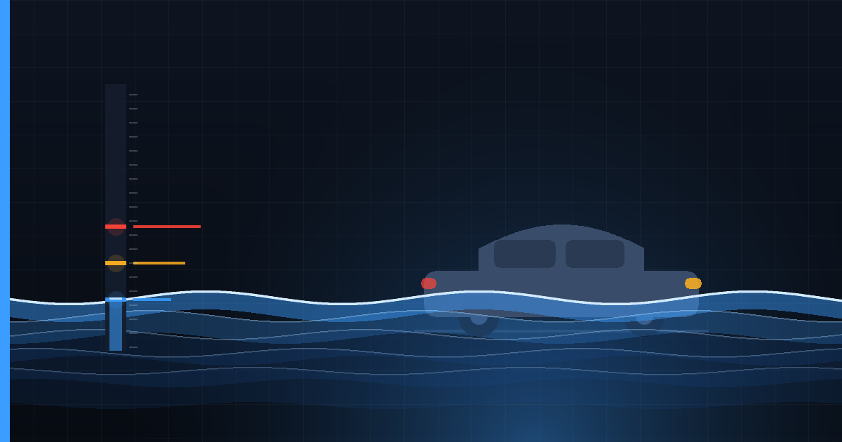 Depth gauge beside a car submerged to its doors in floodwater