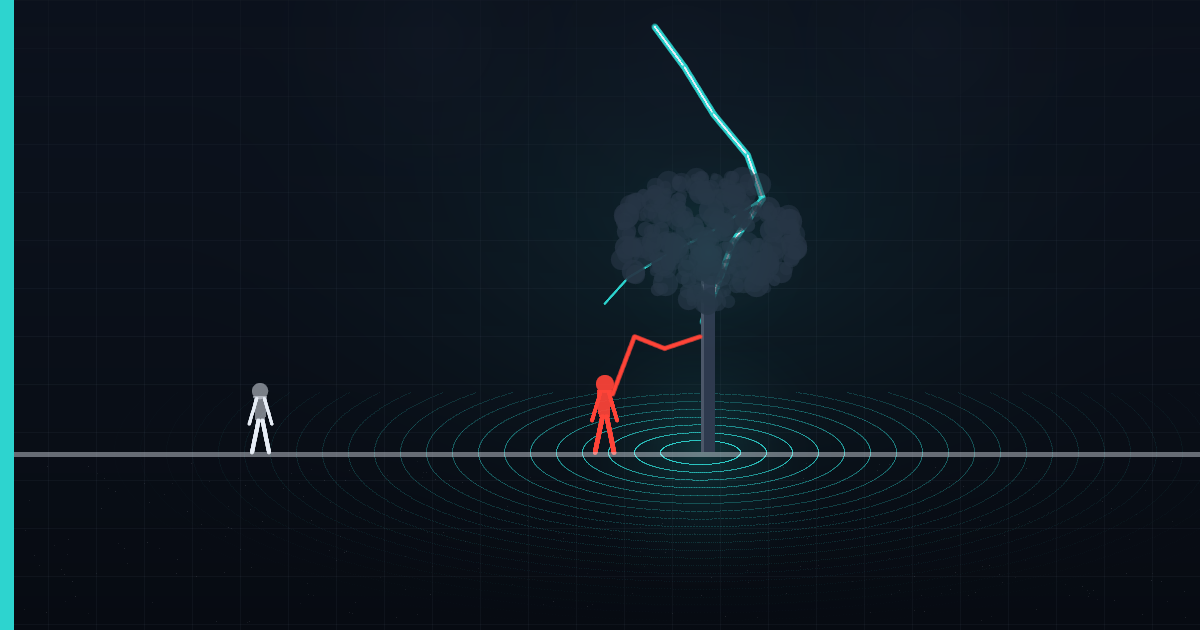 Lightning striking a lone tree, with electrical current spreading outward through the ground past two people standing in the field