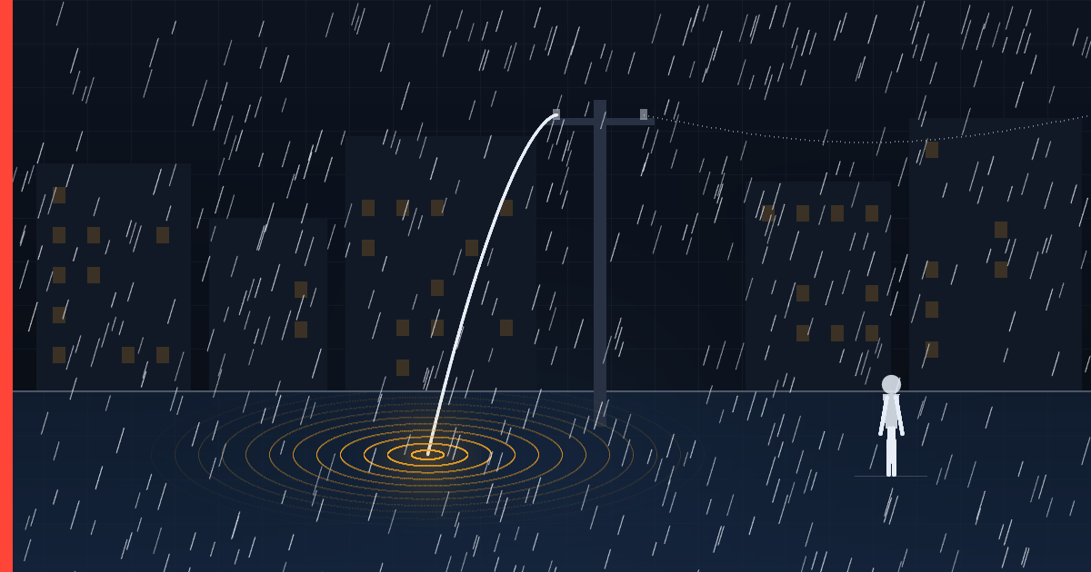 A flooded street at night in heavy rain, a snapped wire from an electricity pole hanging into the water with rings of current spreading from it, and one person standing well clear