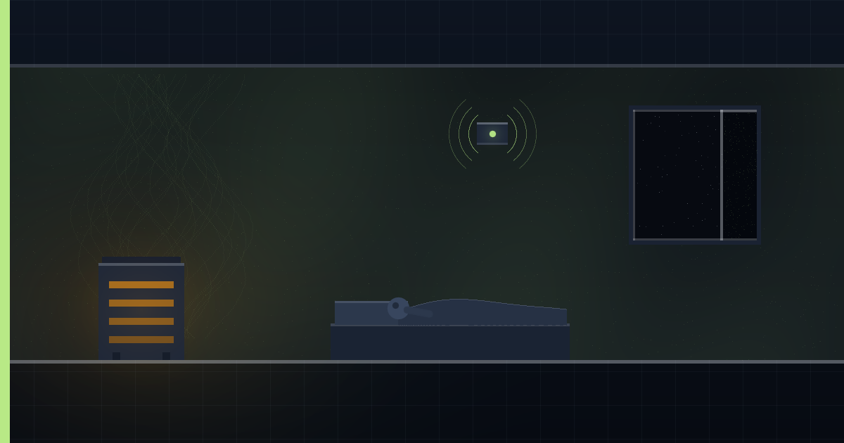 A sealed bedroom at night with a gas heater burning, a faint haze filling the whole room from floor to ceiling, and a carbon monoxide alarm sounding on the wall