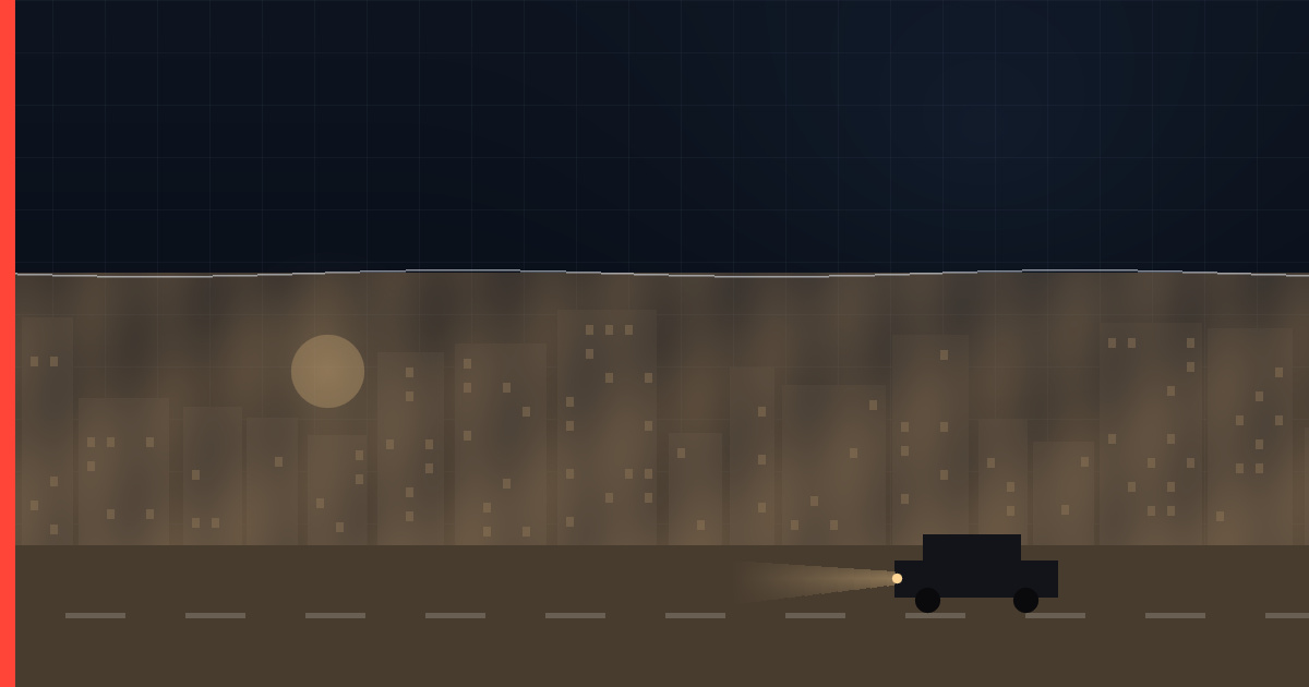 A city skyline under a thick brown haze with a sharp flat top edge, a pale dawn sun lost in the murk, and a car on the road whose low-beam headlight fades within a few metres