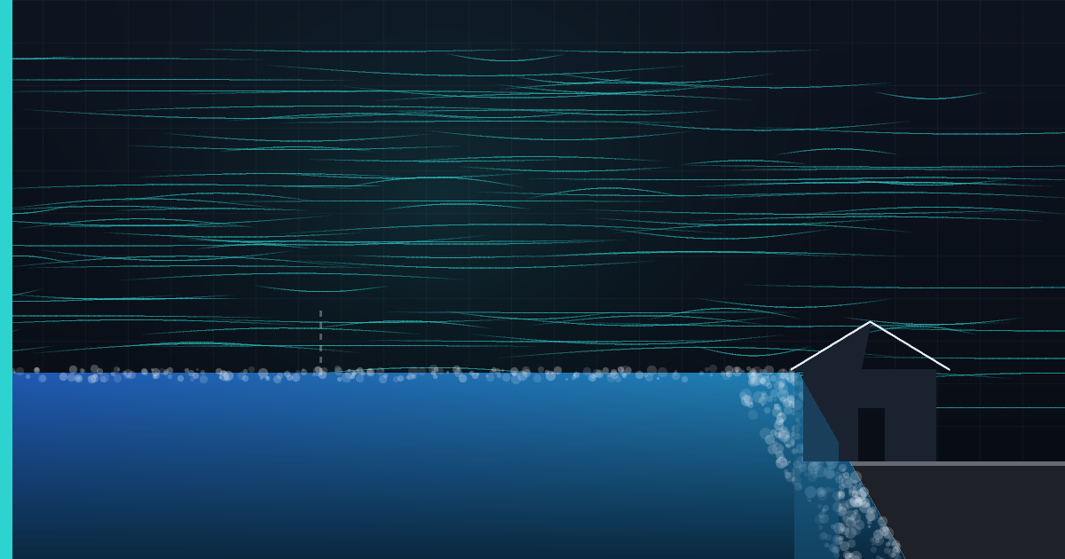 A coast during landfall with wind drawn as thin streaming lines and a solid wall of storm surge already at a house