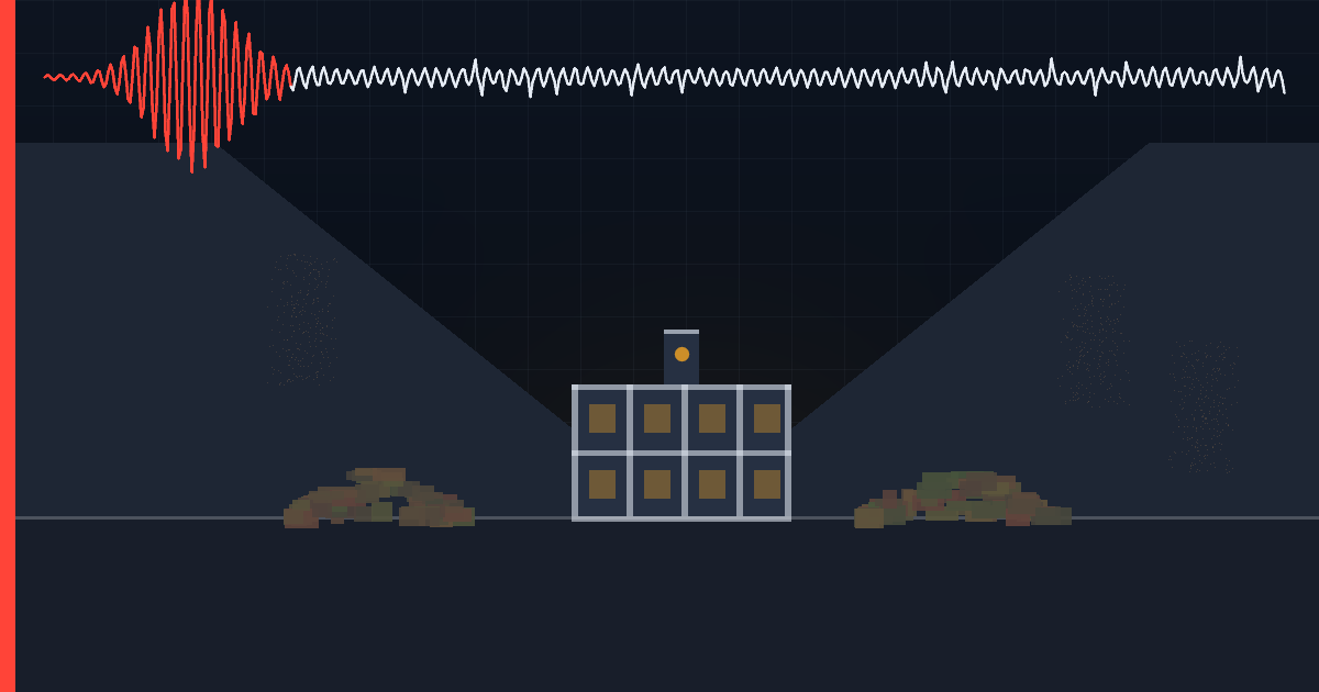A steep mountain valley with one framed school building standing intact between two collapsed masonry buildings, under a seismograph line with one huge spike and a long run of smaller ones