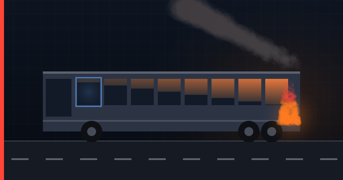 A night bus on an empty highway with fire at the rear engine and smoke filling the windows from the back, while the emergency exit window at the front glows blue and clear