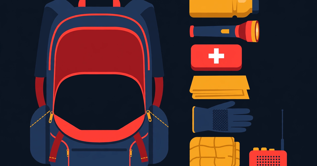 A flat illustration of a packed emergency backpack beside a water bottle, torch, first-aid kit, documents, gloves, blanket and radio on a dark navy background