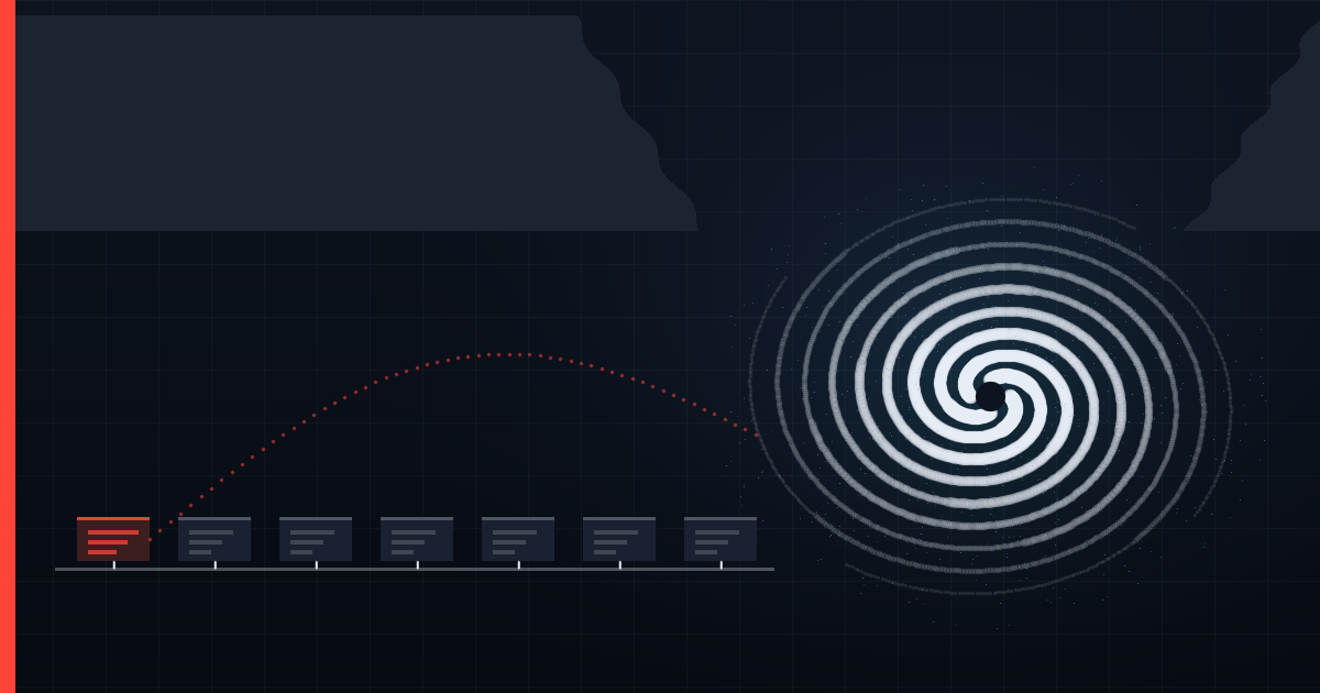 A cyclone spiral over a dark sea below a funnel-shaped coast, with a row of seven waiting name slots on the left and the first one lit red