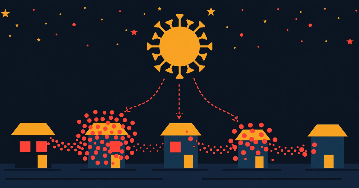 A large stylised virus above a row of houses at night, with red dots spreading from one house to its neighbours, in dark navy, red and amber
